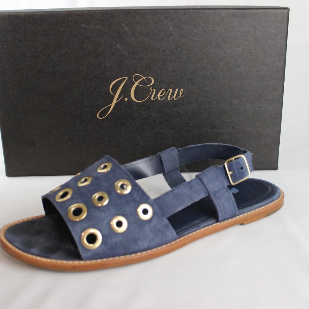 J. Crew Blue Suede Slingback Sandals with Gold Grommets - Picture 3 of 5